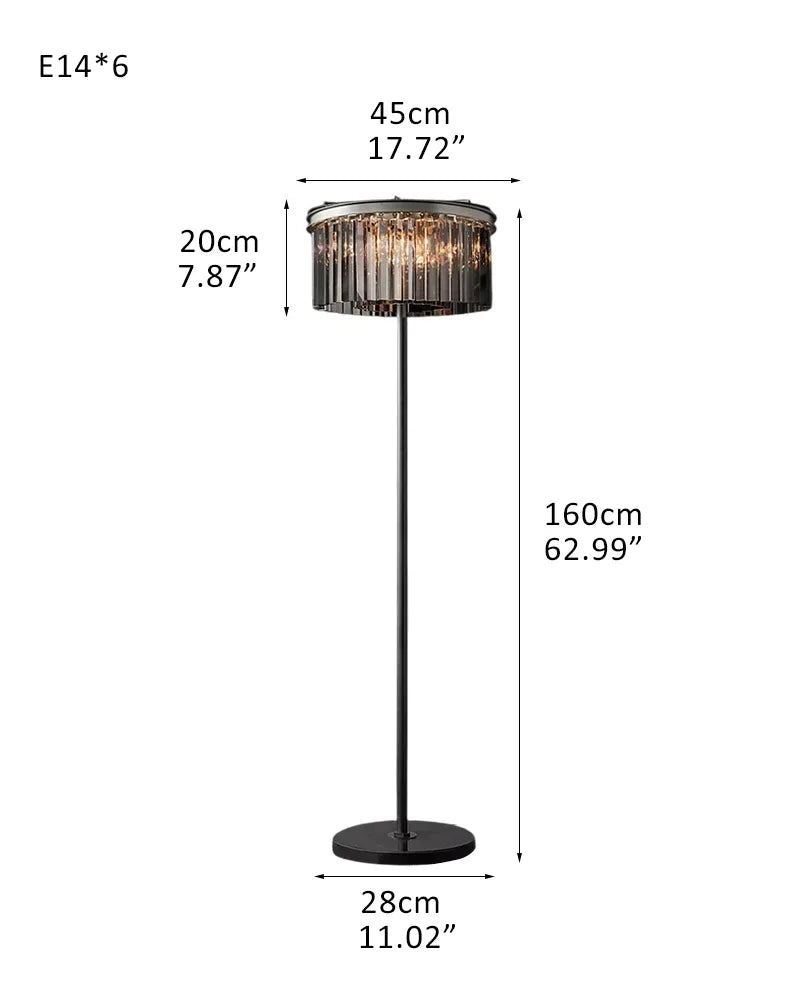 6-Bulb Standing Lamp Rustic 1/3-Layer Crystal Block Floor Light in Black marble base for Living Room 2-Tier-D45*H160cm D17.72*H62.99" Black Base + Smoke Crystal American standing floor lamp