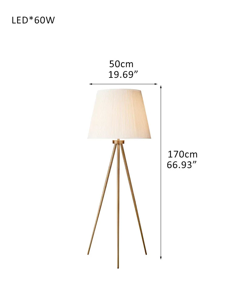 LightsStory Series Geometric Floor Lamp | Tripod Base Textured linen shade with durable metal frame, Brass, Black, and Silver finishes for Living rooms, bedrooms, and office corners D50*H170CM D19.69"*H66.93" White Linen + Brass American standing floor lamp