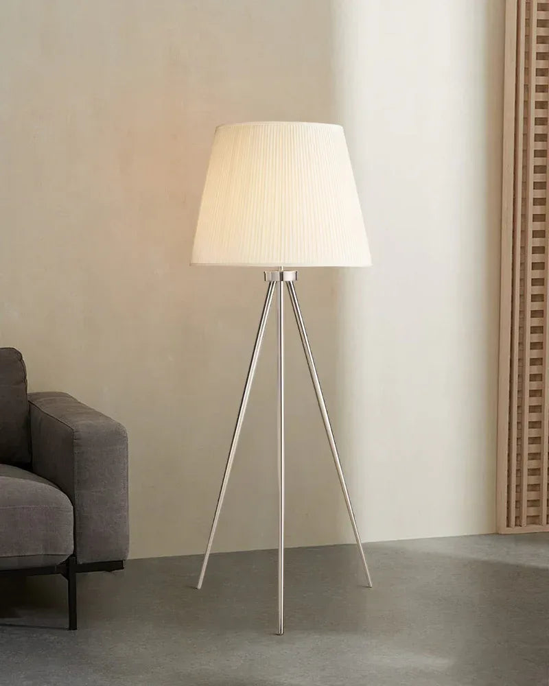 White Linen Pleated Shade 20" Vintage High Floor Lamp in Brass,Black,Silver Tripod Base American standing floor lamp