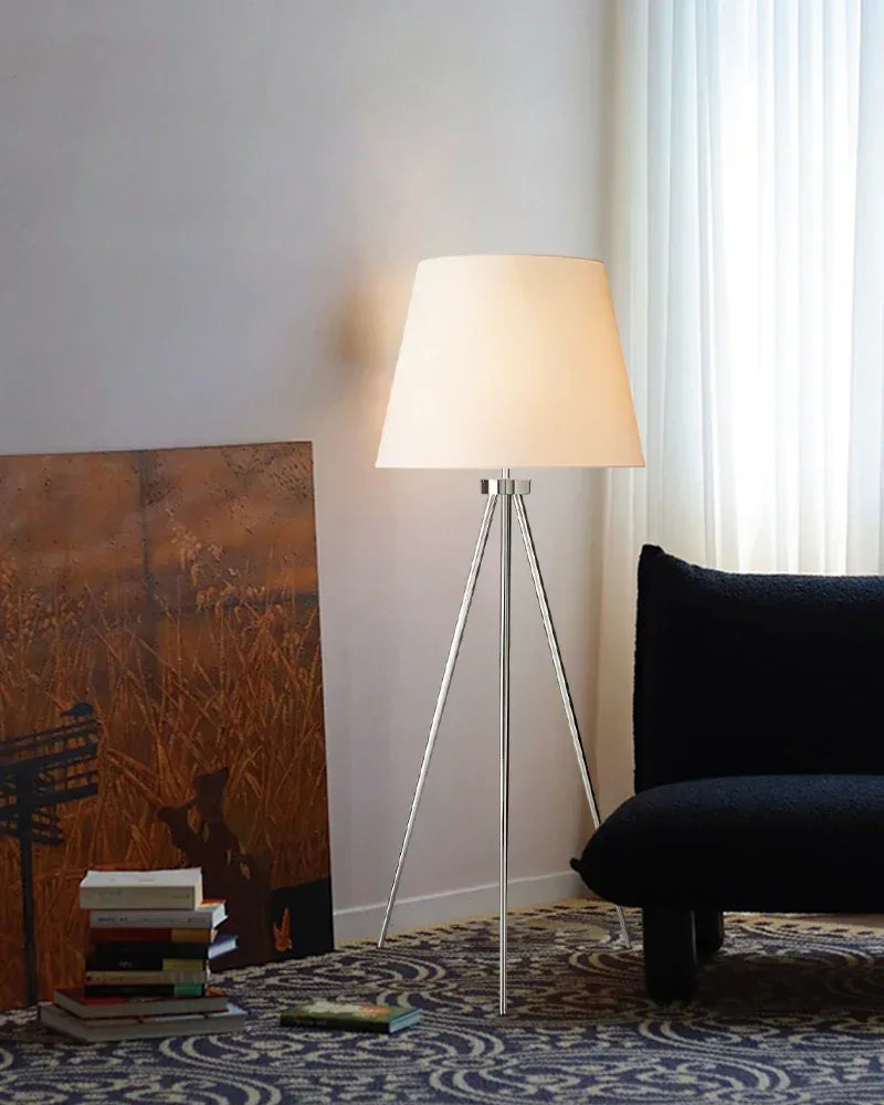 LightsStory Series Geometric Floor Lamp | Tripod Textured linen shade with sturdy metal construction, Polished brass, black, and silver finish for Living rooms, reading nooks, and office spaces American standing floor lamp