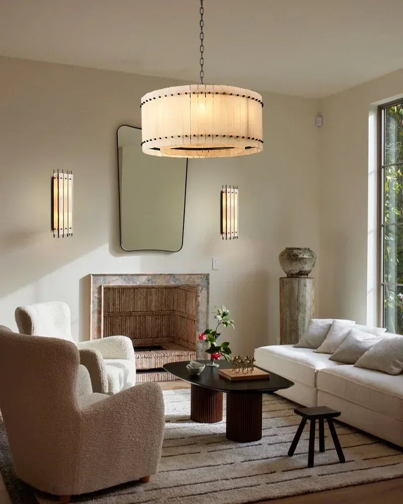 Val d’Isère Series Architectural Chandelier | Linear Tiered Hand-carved alabaster panels and mid-century steel, Mid-century steel finish for Dining rooms, foyers, and offices American Vintage chandelier lamp