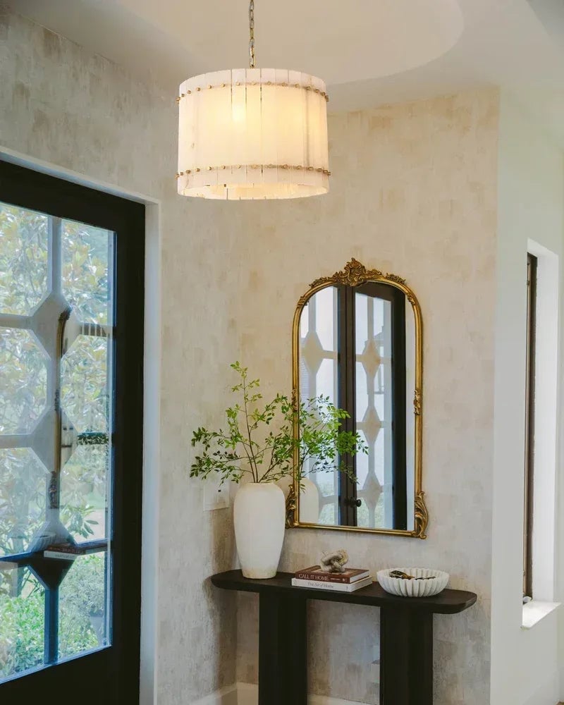 Val d’Isère Series Architectural Chandelier | Linear Tiered Hand-carved alabaster panels and mid-century steel, Mid-century steel finish for Dining rooms, foyers, and offices American Vintage chandelier lamp