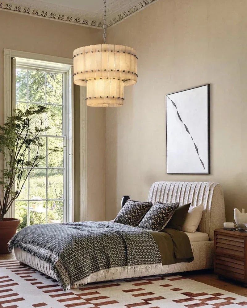 Val d’Isère Series Architectural Chandelier | Linear Tiered Hand-carved alabaster panels and mid-century steel, Mid-century steel finish for Dining rooms, foyers, and offices American Vintage chandelier lamp