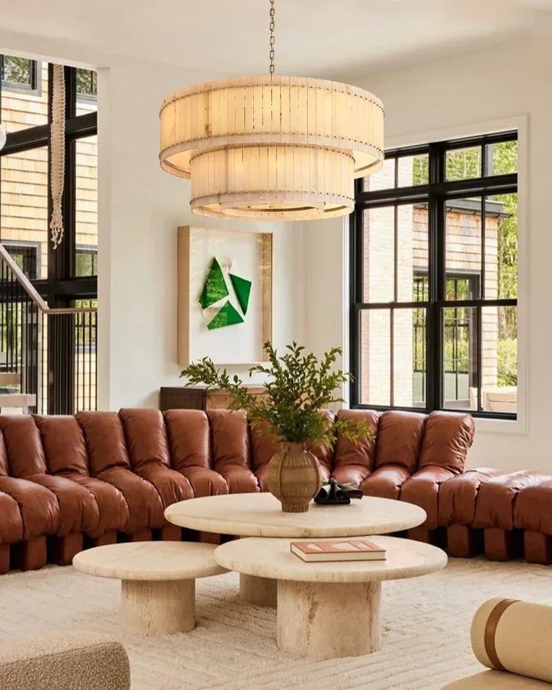 Val d’Isère Series Architectural Chandelier | Triple Tier Drum Hand-carved alabaster panels and durable steel, Lacquered brass and black steel finish for Dining rooms, foyers, or offices American Vintage chandelier lamp
