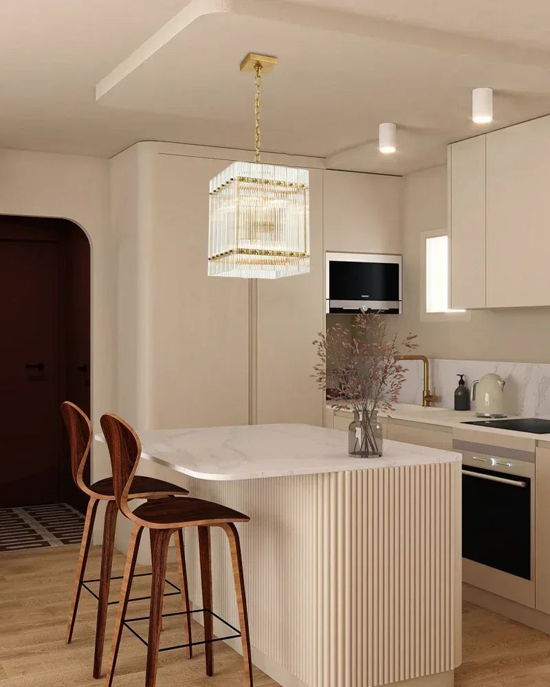 Val d’Isère Series Prismatic Chandelier | Double Tier Electroplated metal structure with unique refractive crystal panels, Antiqued Brass and Black Steel finish for Dining rooms, foyers, and staircases American chandelier