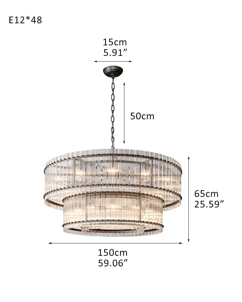 Val d’Isère Series Prismatic Chandelier | Double Tier Electroplated metal structure with unique refractive crystal panels, Antiqued Brass and Black Steel finish for Dining rooms, foyers, and staircases 3-Tier-D150*H45CM D59.1"*H17.7"(48 lights) Black American chandelier