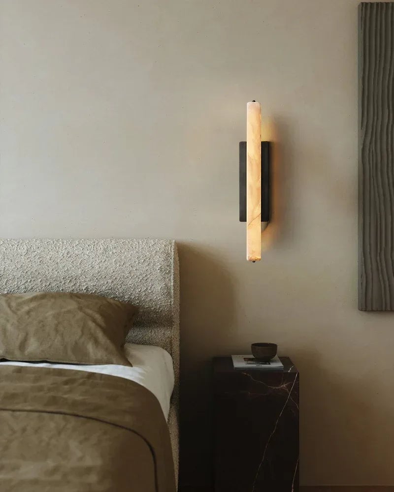 Valence Series Architectural Wall Sconce | Vertical Linear Sleek Brass and Raw Veined Alabaster, Burnished Brass and Black for Modern Living Rooms and Hallways Flush Mounted Wall Sconce Lamp