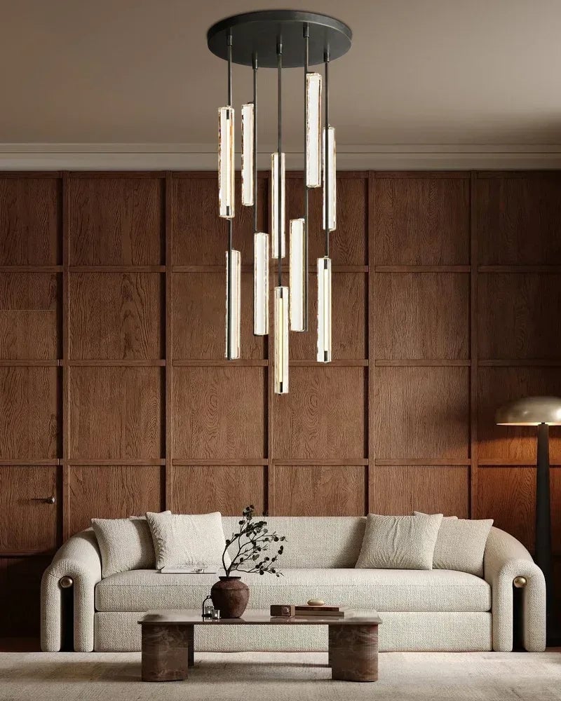 Valence Series Prismatic Chandelier | Vertical Brass Drops Meticulously crafted clear prisms and structural brass, Warm metallic brass finish for Dining Rooms and Living Areas American chandelier