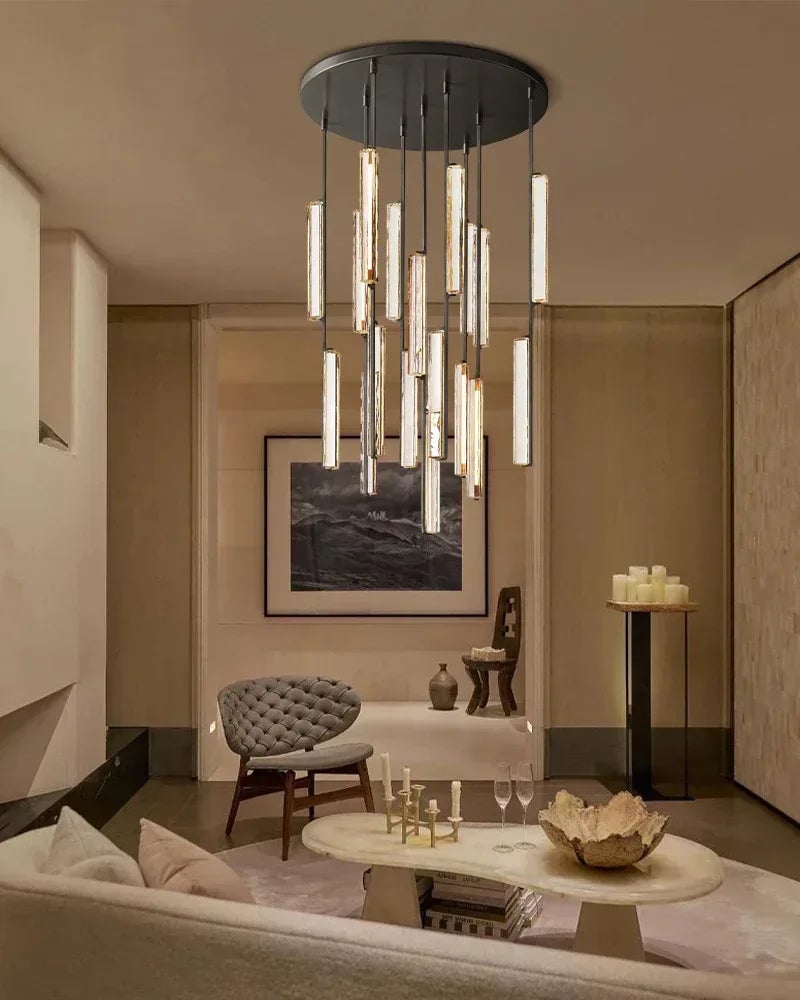 Valence Series Prismatic Chandelier | Vertical Brass Drops Meticulously crafted clear prisms and structural brass, Warm metallic brass finish for Dining Rooms and Living Areas American chandelier
