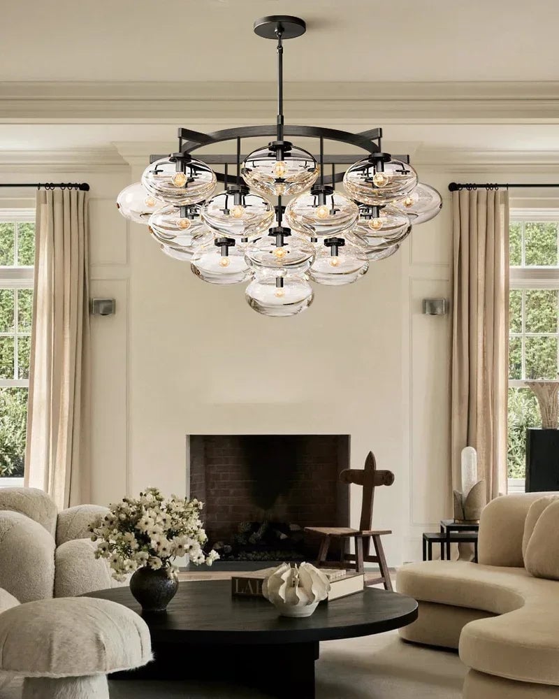 Vence Series Geometric Chandelier | Rectangular Clear Glass Shades with Freeform Cords, Polished Black Canopy for Dining Tables and Kitchen Islands American Vintage chandelier lamp