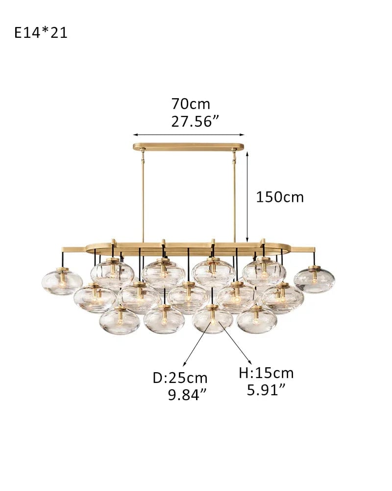 Vence Series Geometric Chandelier | Rectangular Clear Glass Shades with Freeform Cords, Polished Black Canopy for Dining Tables and Kitchen Islands 21-light-L183*W91*H115CM L53.94“W35.83"*H45.28" Brass American Vintage chandelier lamp