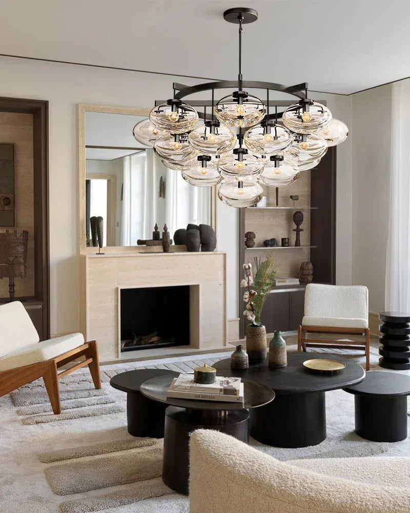 Vence Series Geometric Chandelier | Rectangular Clear Glass Shades with Freeform Cords, Polished Black Canopy for Dining Tables and Kitchen Islands American Vintage chandelier lamp