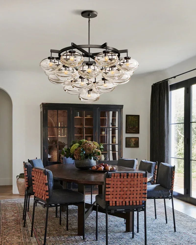 Vence Series Geometric Chandelier | Rectangular Clear Glass Shades with Freeform Cords, Polished Black Canopy for Dining Tables and Kitchen Islands American Vintage chandelier lamp