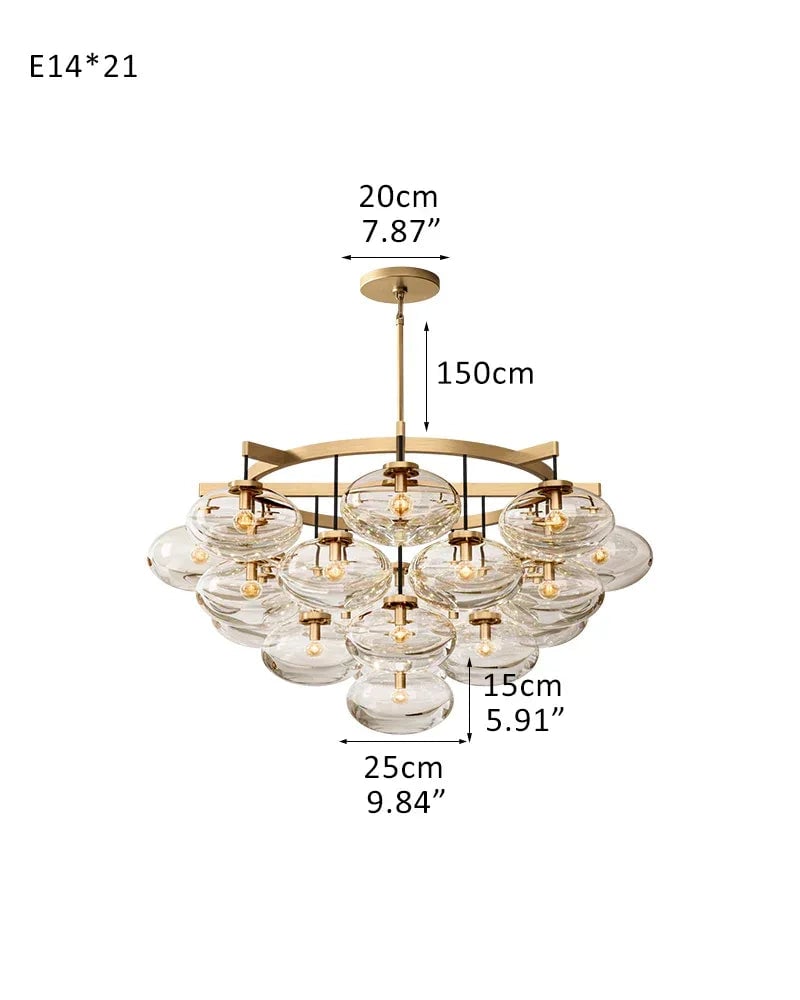 Vence Series Prismatic Chandelier | Round Clear Glass Shades with Freeform Black Cords, Polished canopy with black cord contrast for Living Rooms and Dining Areas 21-light-D122*H115CM D48.03“*H45.28" Brass American Vintage chandelier lamp