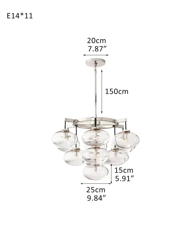 Vence Series Prismatic Chandelier | Round Clear Glass Shades with Freeform Black Cords, Polished canopy with black cord contrast for Living Rooms and Dining Areas 11-light-D91*H115CM D35.83“*H45.28" Silver American Vintage chandelier lamp