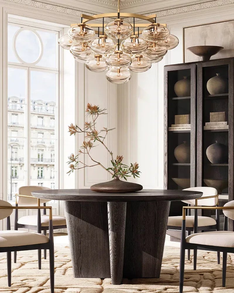 Vence Series Prismatic Chandelier | Round Clear Glass Shades with Freeform Black Cords, Polished canopy with black cord contrast for Living Rooms and Dining Areas American Vintage chandelier lamp