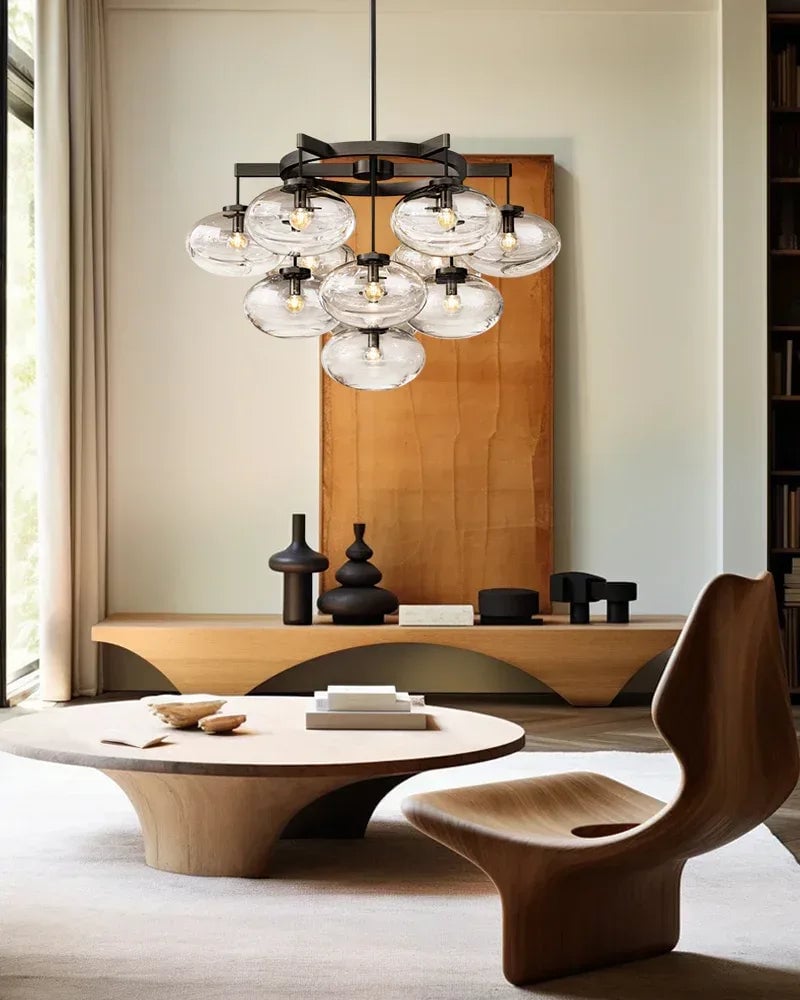 Vence Series Prismatic Chandelier | Round Clear Glass Shades with Freeform Black Cords, Polished canopy with black cord contrast for Living Rooms and Dining Areas American Vintage chandelier lamp