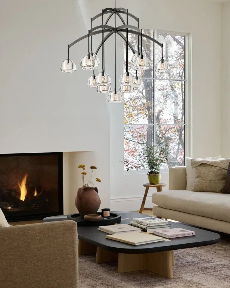 Verbier Series Ethereal Chandelier | Crystal Hemisphere Lathe-carved solid crystal blocks and solid brass frame, Brushed Black Steel finish for Grand Foyers and Dining Rooms American chandelier