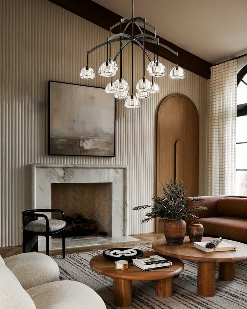 Verbier Series Ethereal Chandelier | Crystal Hemisphere Lathe-carved solid crystal blocks and solid brass frame, Brushed Black Steel finish for Grand Foyers and Dining Rooms American chandelier