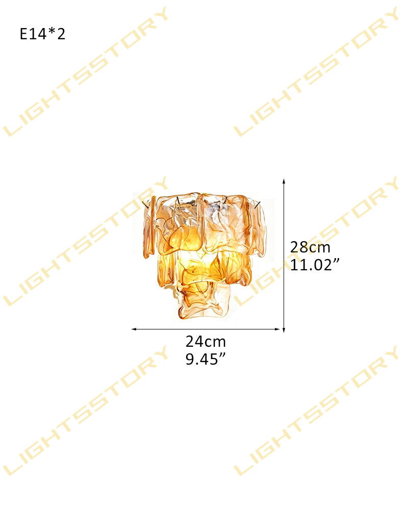 Murano Glass Amber Tiered Ghiaccio Wall Light Sconce - Flush Mount, Lux Brass Trim - Dining Rooms & Living Rooms