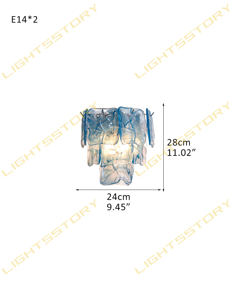 Murano Glass Azure Blue Tiered Ghiaccio Wall Light Sconce - Flush Mount, Lux Brass Trim - Dining Rooms & Living Rooms