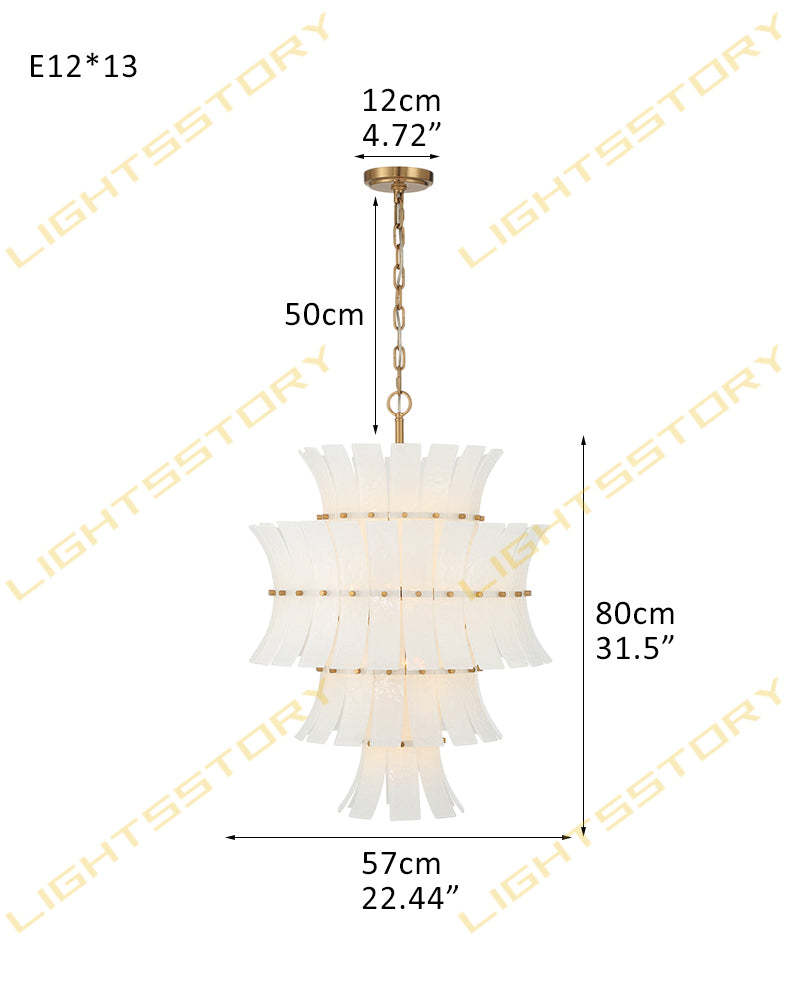 Ghiaccio Glass Ethereal White Multi Tiered Waterfall Chandelier - Heritage Brass Trim - Living Room & Dining Room