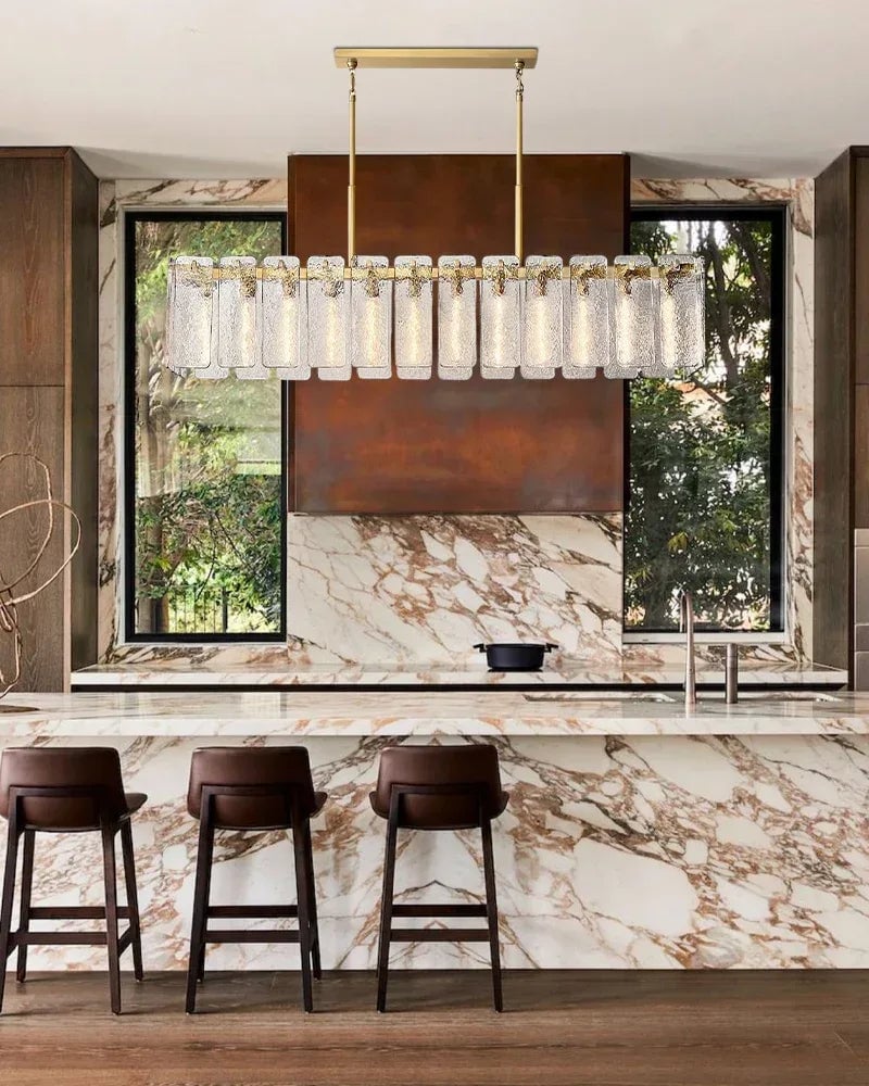 Winchester Series Geometric Chandelier | Linear Handcrafted Rippled Glass Panels, Minimalist Metal Frame for Kitchen Islands and Dining Areas American chandelier