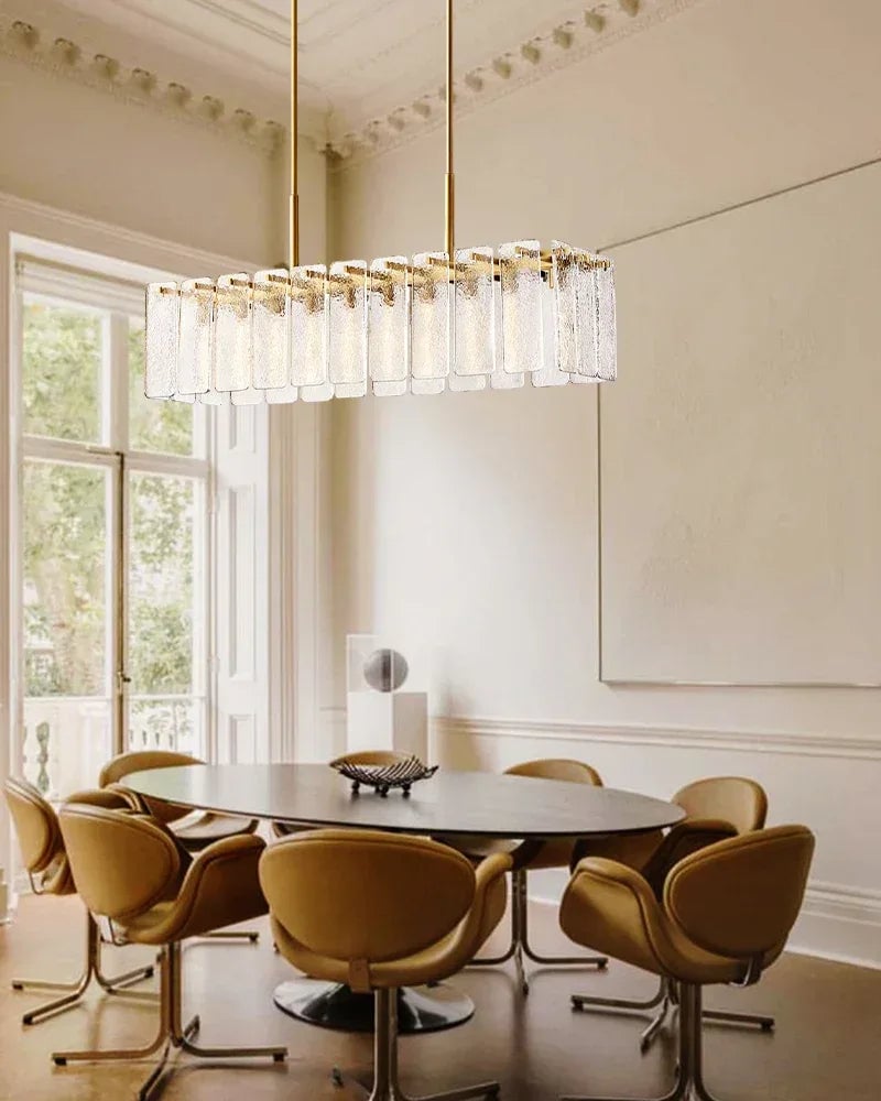 Winchester Series Geometric Chandelier | Linear Handcrafted Rippled Glass Panels, Minimalist Metal Frame for Kitchen Islands and Dining Areas American chandelier