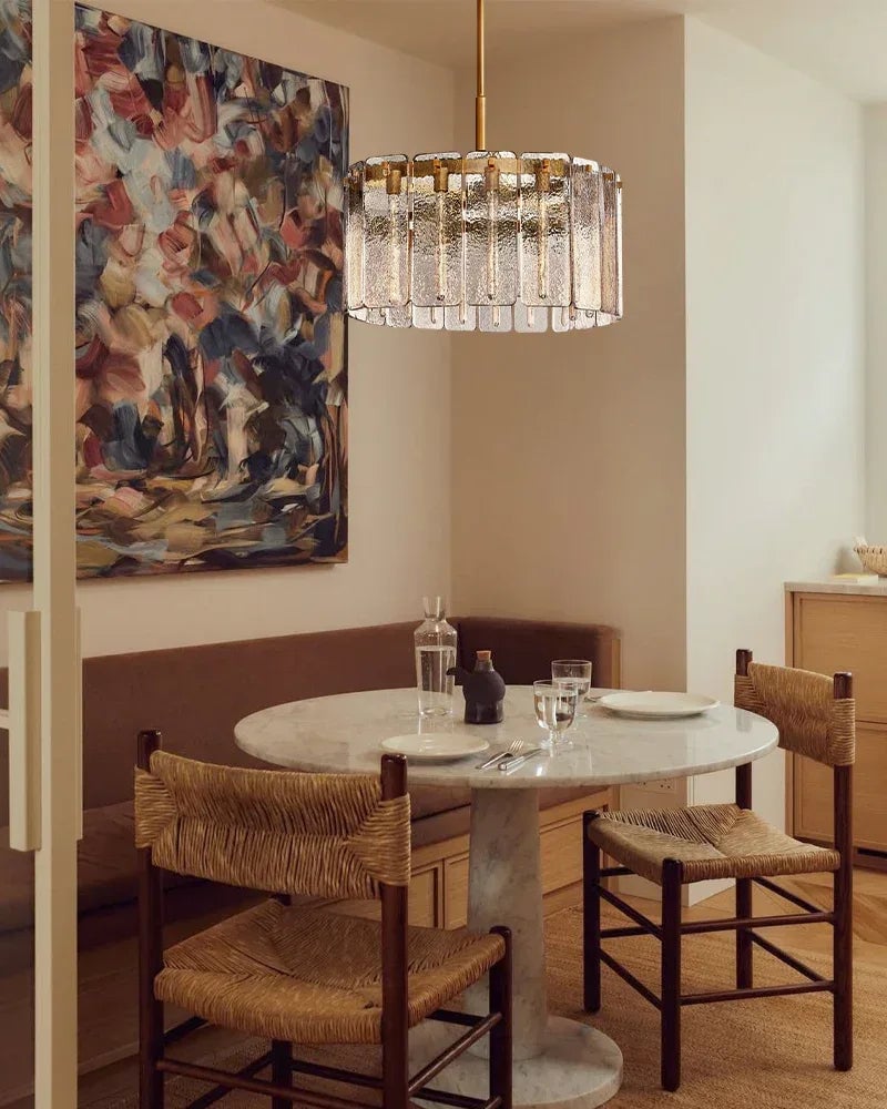 Winchester Series Geometric Chandelier | Round Handcrafted Rippled Cast Glass Panels, Lacquered Burnished Brass and Black for Modern Dining Rooms and Living Spaces American chandelier