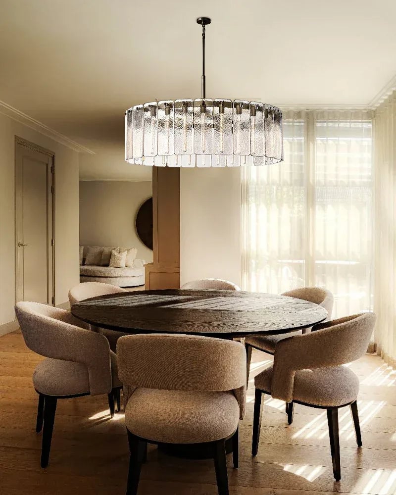 Winchester Series Geometric Chandelier | Round Handcrafted Rippled Cast Glass Panels, Lacquered Burnished Brass and Black for Modern Dining Rooms and Living Spaces American chandelier