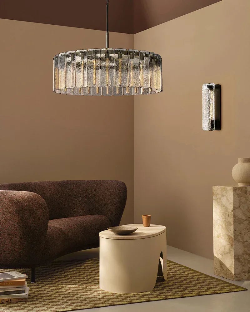 Winchester Series Geometric Chandelier | Round Handcrafted Rippled Cast Glass Panels, Lacquered Burnished Brass and Black for Modern Dining Rooms and Living Spaces American chandelier