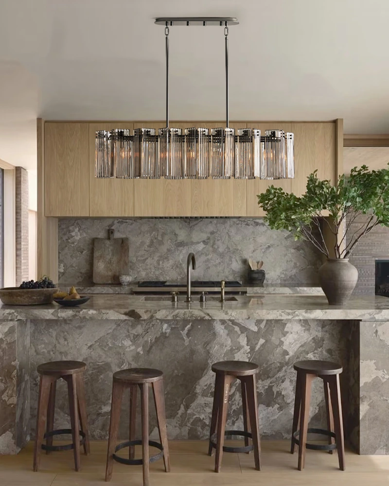 Saint-Cirq Smoked Fluted Glass Multi Tiered Canopy Linear Chandelier - Smoky Glass, Serene Brass Trim - Kitchen Islands & Dining Rooms