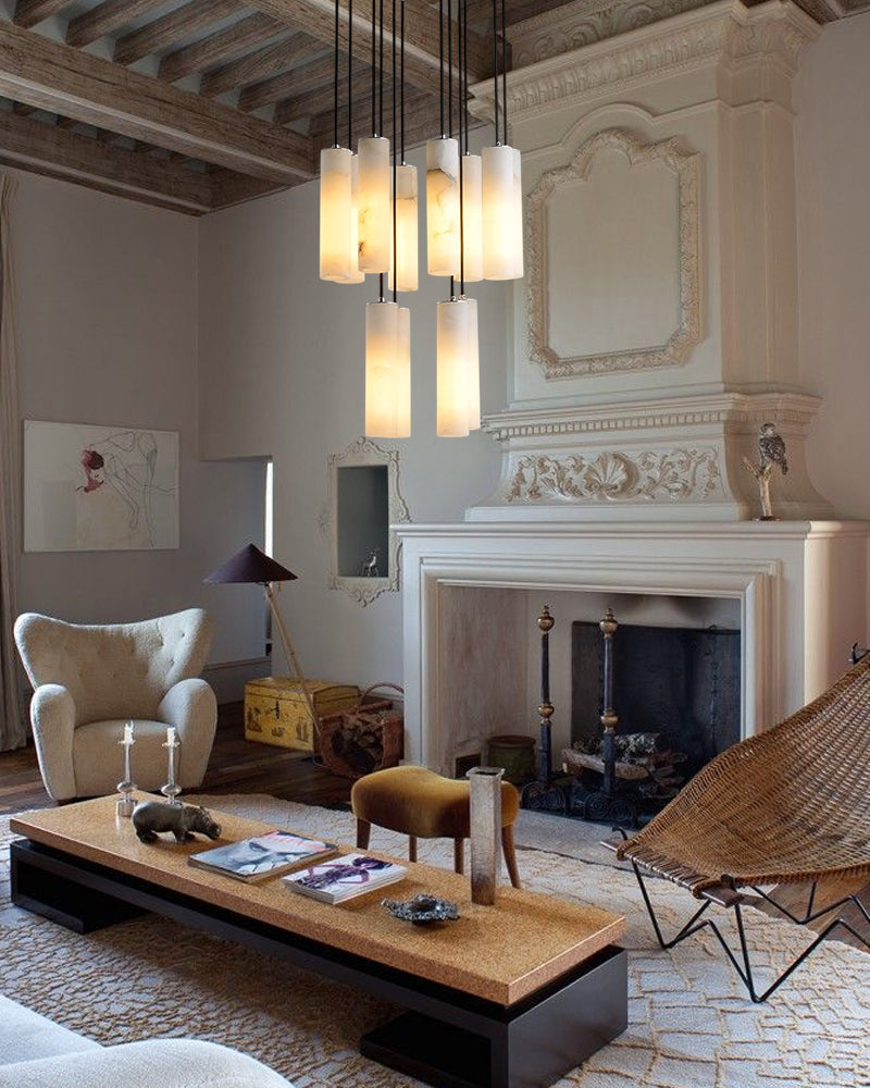 White Alabaster Cylinder Pendant Cluster – Modern Brushed Brass for Sloped Ceilings - LightsStory Chandeliers & Crystal Lighting - USA