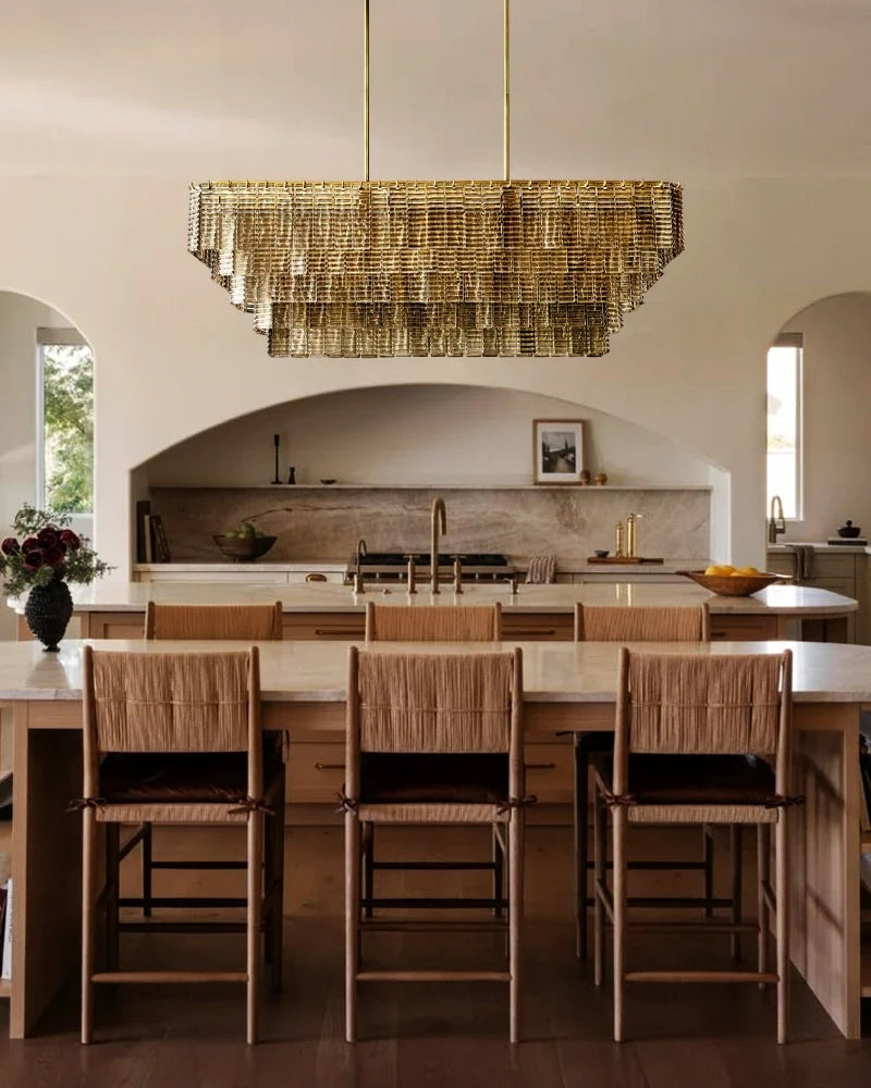 Cassis Ghiaccio Shape Multi Tiered Rectangular Linear Glass Tile Chandelier