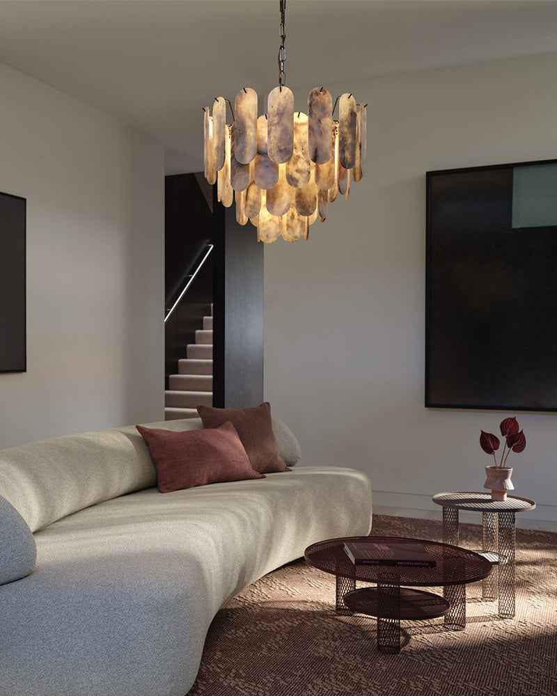 Parisian Alabaster Multi Tiered Concentric Oval Panel Tile Chandelier - Natural Spanish Alabaster, Lux Gold Trim - Living Rooms, Bedrooms, Dining Rooms