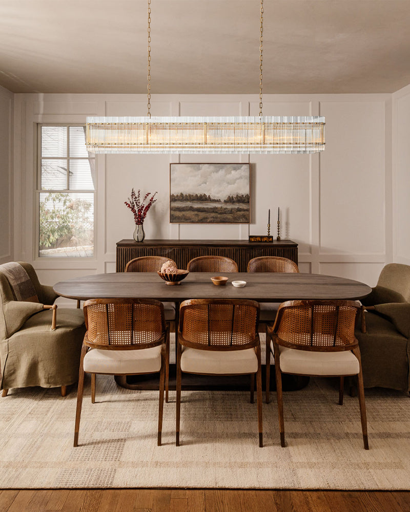 Val D’Isère Murano Glass Fluted Glass Rod Linear Chandelier - Clear Glass, Serene Black Trim - Kitchen Islands & Dining Rooms