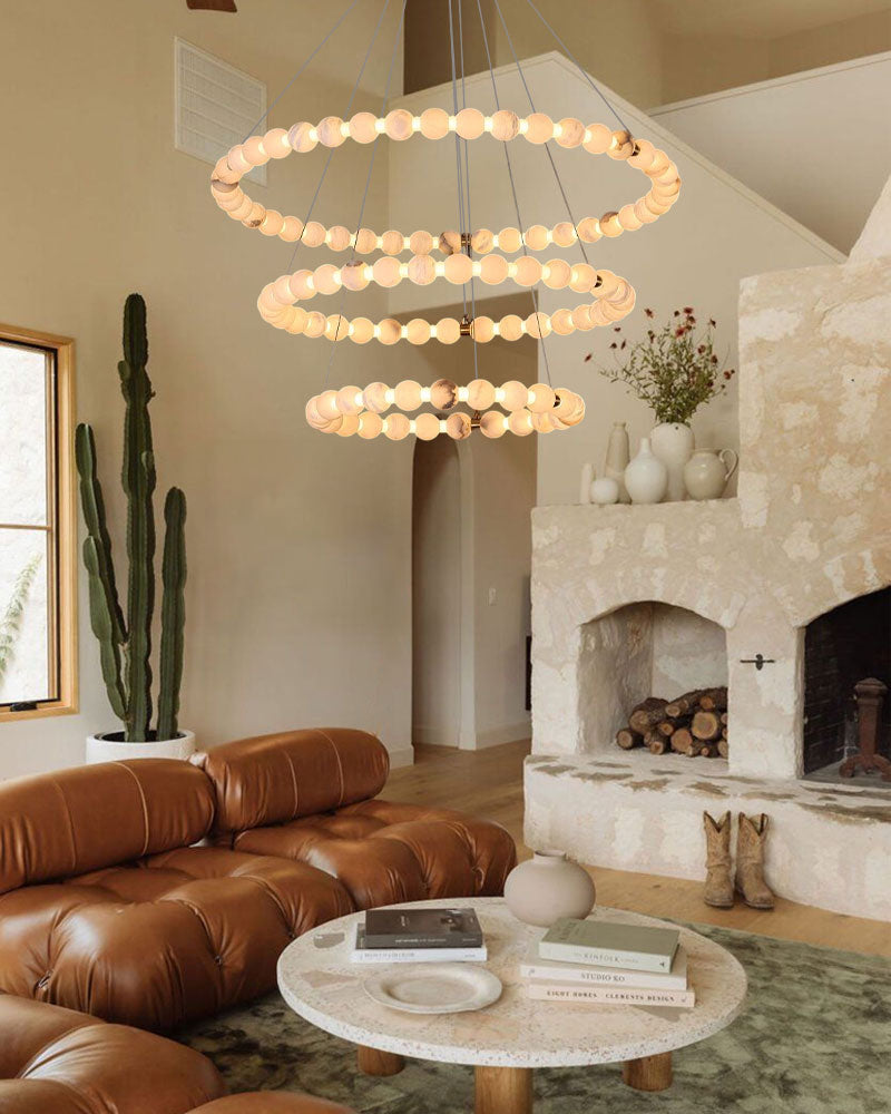 Alabaster 2-Tier Chandelier for High Ceilings – Modern Round, Brass Finish, Celestial Series - LightsStory Chandeliers & Crystal Lighting - USA