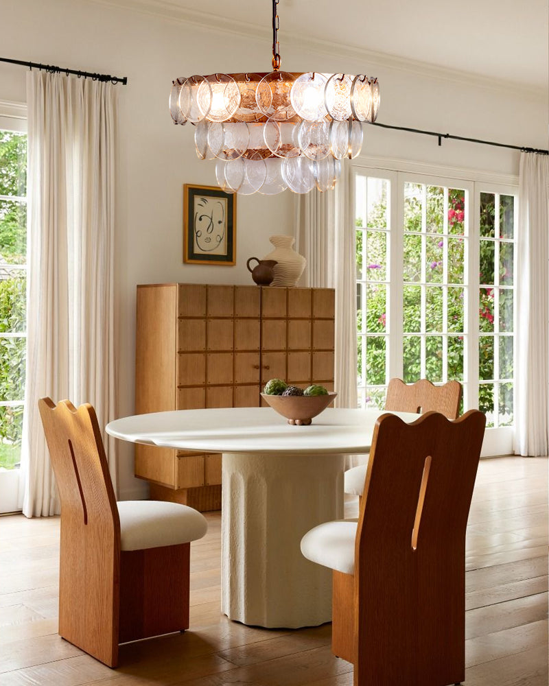 Ghiaccio Glass Multi Tiered Glass Disc Cascading Waterfall Chandelier - Crystal Clear Glass, Serene Copper Trim - Living Rooms, Bedrooms, Dining Rooms