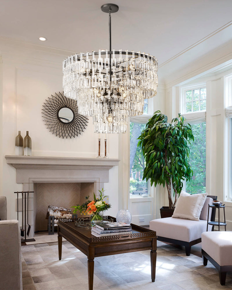 Montreux Series Prismatic Chandelier | Triple Tier Prismatic Crystal Hand-Set Prismatic Crystals and Interlocking Steel Chains, Dual-Tone Gold or Matte Black finish for Grand Entryways, Dining Areas, and Bedrooms