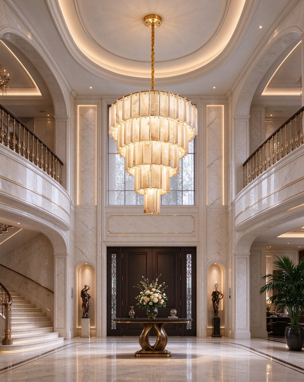 Alabaster Grande Multi Tiered Concentric Panel Swirl Waterfall Chandelier - Natural Spanish Alabaster, Lux Gold Trim - Living Rooms, Dining Rooms, Lobby, Stairwells
