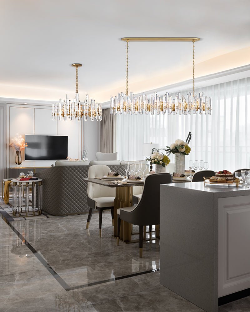 A stylish dining area featuring a modern Round Chandelier that enhances the elegant ambiance.