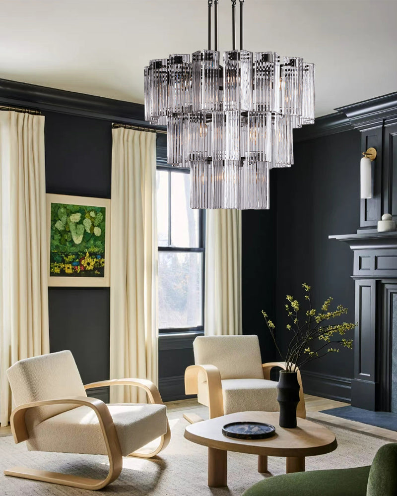 Saint-Cirq Series Geometric Chandelier | Tiered Round Hand-Arranged Reeded Glass and Sturdy Steel, Black Steel for Grand Entryways and Dining Rooms
