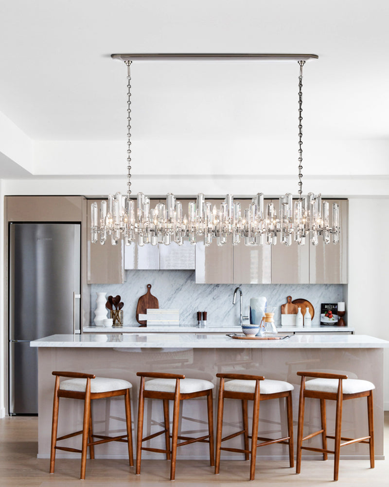 Zermatt K9 Crystal Staggered Prism Linear Chandelier - K9 Crystal, Lux Gold Trim - Kitchen Islands & Dining Rooms