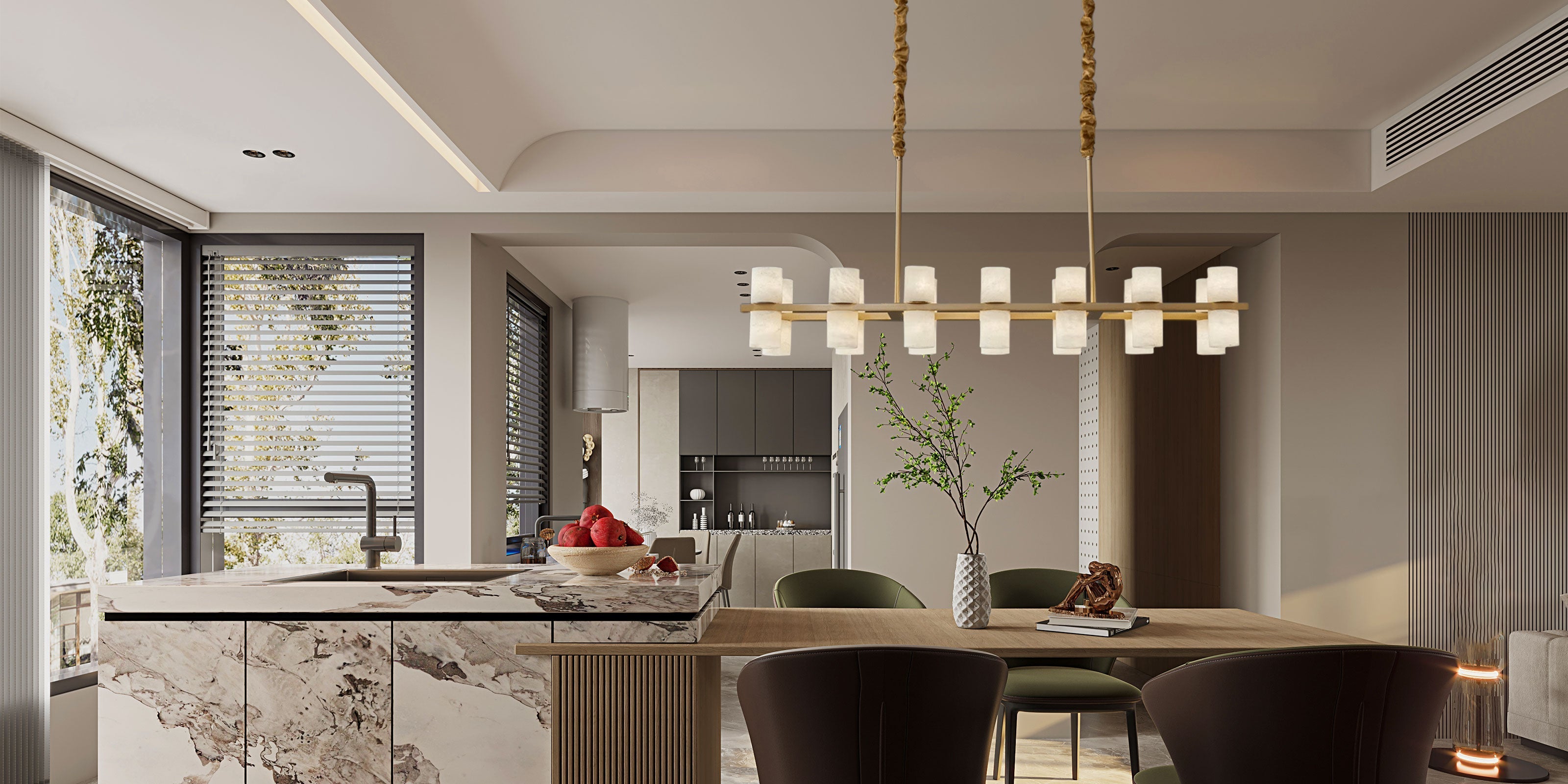 Alabaster Brass Linear Chandelier for Dining Room – Modern, Warm Brass, The Meridian Collection - LightsStory Chandeliers & Crystal Lighting - USA