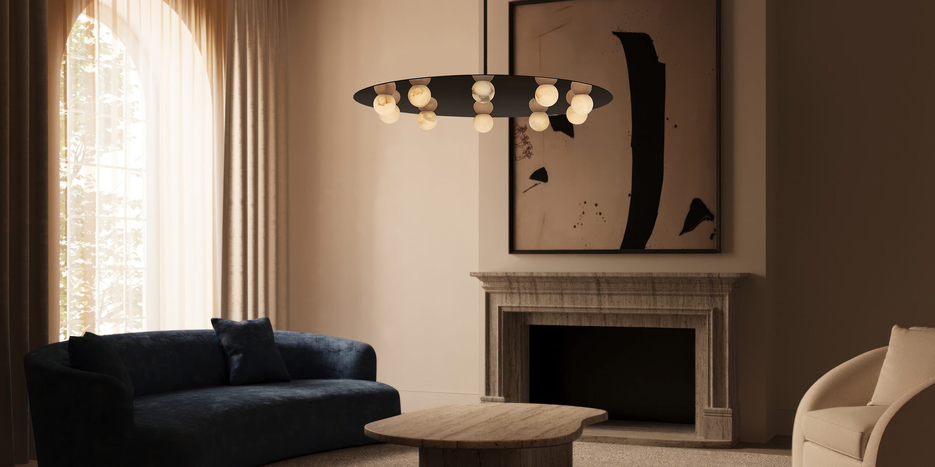 Triple Round Modern Ring Alabaster Pendant Light hanging on Black Metal Pole - LightsStory Chandeliers & Crystal Lighting - USA
