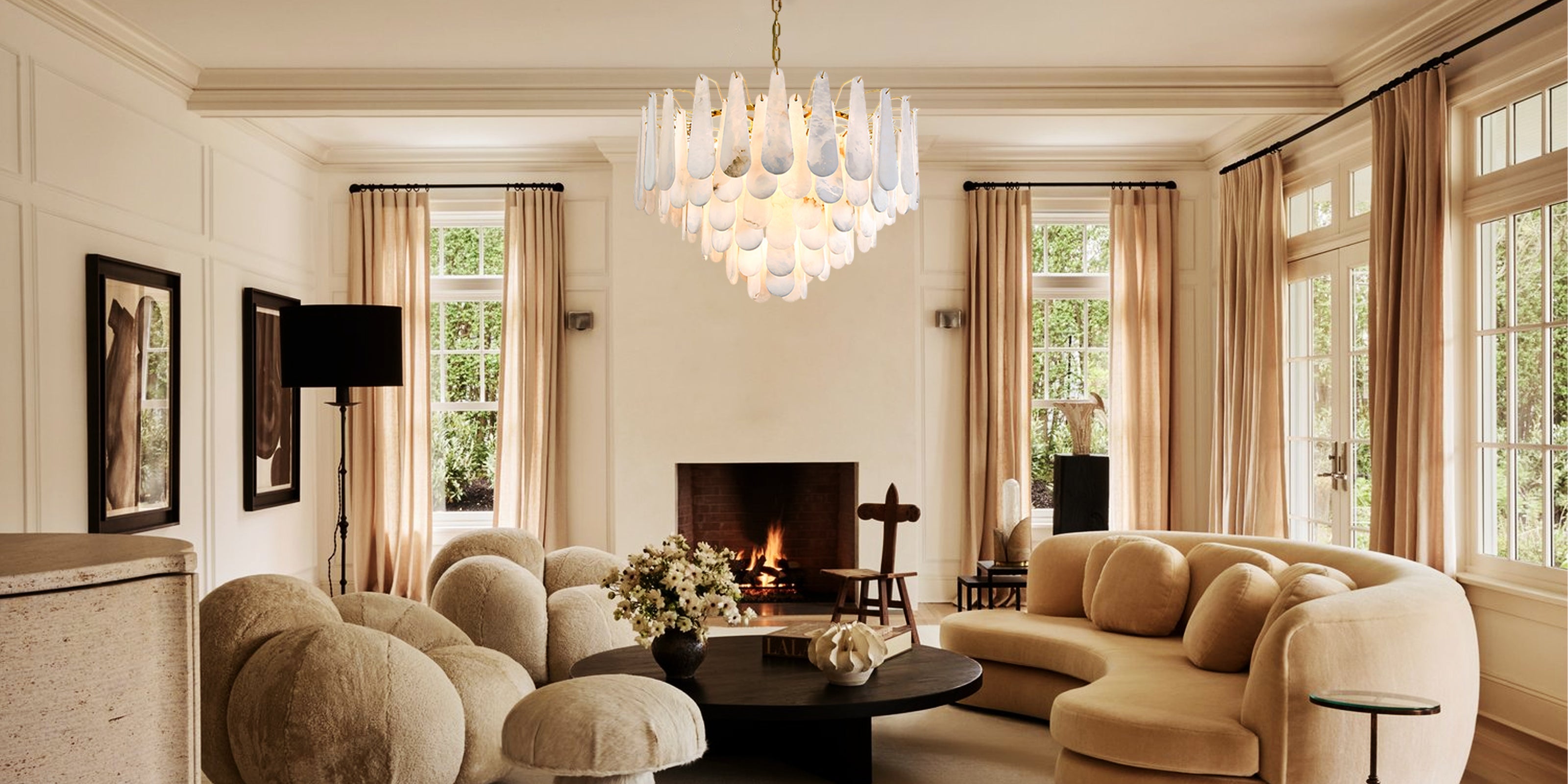 Multi-Tier Alabaster and Brass Chandelier - 18-Light Round