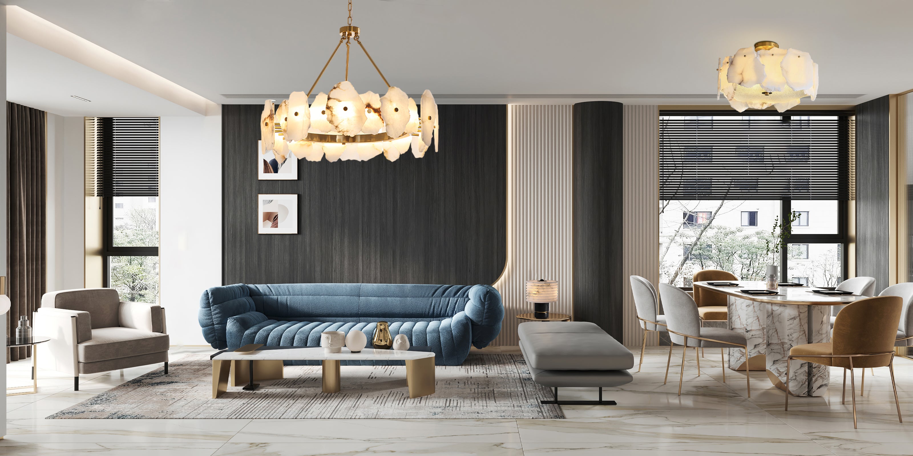 Modern living space featuring stylish wall lamps alongside a blue sofa and elegant dining setup