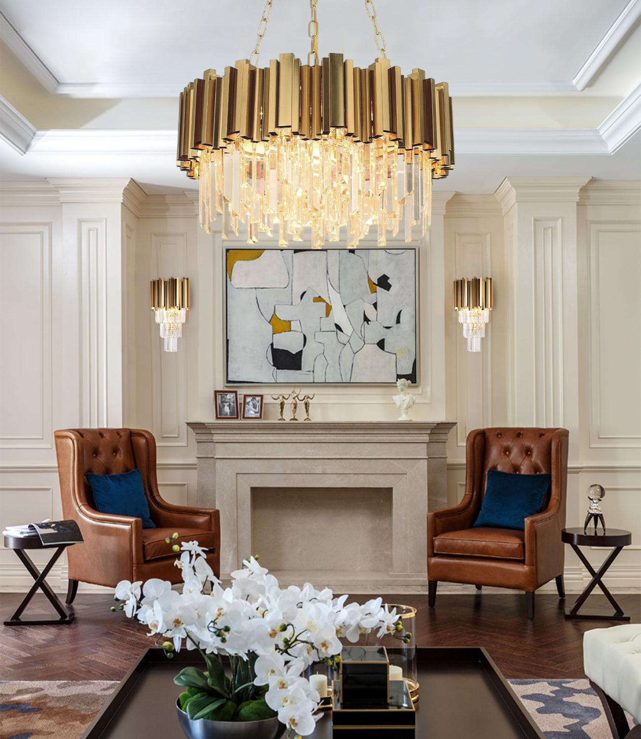 Elegant living room featuring stylish wall lamps beside a modern fireplace