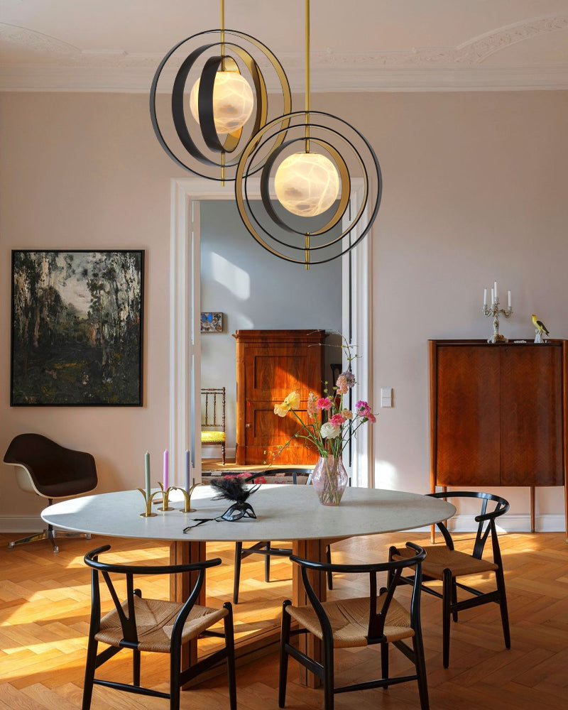 Alabaster Globe Sphere Orbital Brass Halo Ring Pendant Light - Natural Spanish Alabaster Sphere, Custom, Serene Brass Trim - Kitchens, Dining & Living Rooms