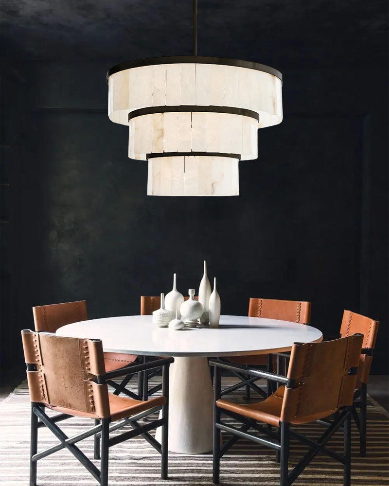 Windham Alabaster Panel Multi Tiered Cascading Drum Chandelier - Natural Spanish Alabaster, Serene Black Trim - Living Rooms, Bedrooms, Dining Rooms